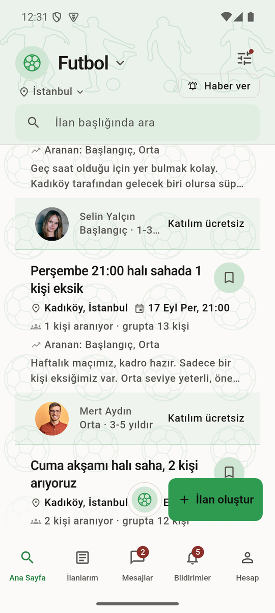 Ekipiva ana sayfası: futbol ilanları listesi