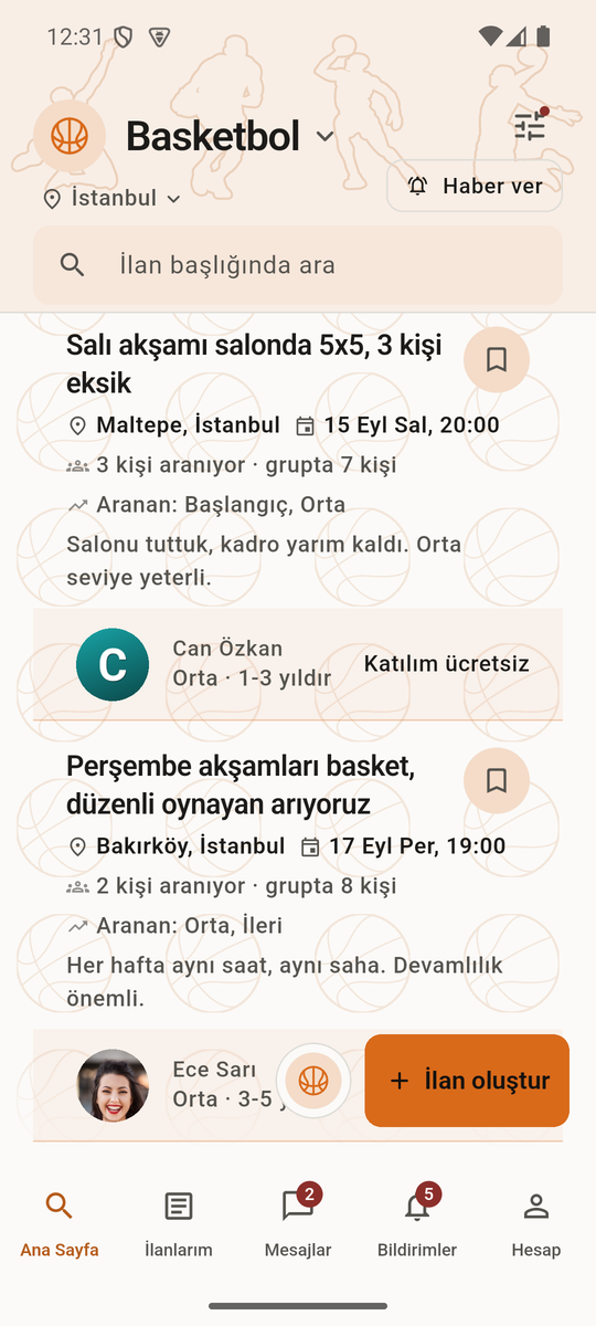 Basketbol ilanları: uygulama turuncuya dönüyor