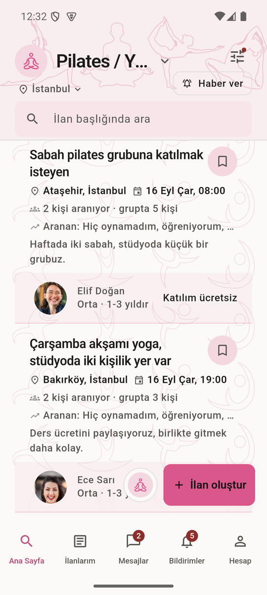 Pilates ve yoga ilanları: uygulama pembeye dönüyor